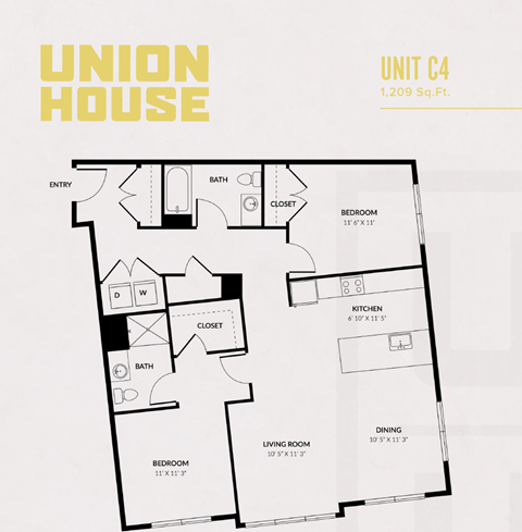 Floor plan for 2 beds, 2 baths, 1209 sqft